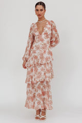 Veda Long Sleeve Floral Tiered Ruffle Maxi Dress Peach