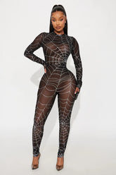 Caught In My Web Glitter Sheer Jumpsuit - Black