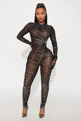 Caught In My Web Glitter Sheer Jumpsuit - Black