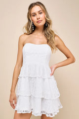 Sweet Perception White Lace Strapless Tiered Mini Dress