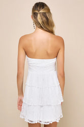 Sweet Perception White Lace Strapless Tiered Mini Dress