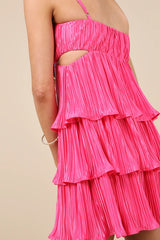 Sleek Dedication Hot Pink Satin Plisse Cutout Tiered Mini Dress