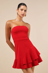 Sultry Intentions Red Strapless Ruffled Mini Dress