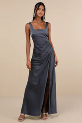 Red Carpet Romance Dark Grey Satin Square Neck Maxi Dress