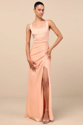 Red Carpet Romance Peach Satin Square Neck Maxi Dress