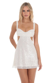 Sequin Pearl Cutout Dress in White