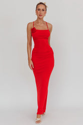 Ignite Rosette Backless Maxi Dress Cherry