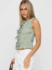 Apero Shirred Tie Front Top Green / White Stripe