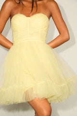 Lovely Flirtation Yellow Tulle Strapless Bustier Mini Dress