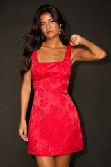 Perfectly Flirtatious Red Floral Jacquard Tie-Back Mini Dress
