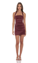 Satin Halter Bodycon Dress in Wine