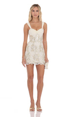 Gold Thread Floral Sequin Dress in Ivory