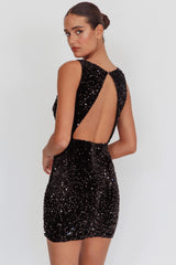 Bedazzle Opened Back Sequin Mini Dress Black