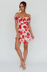 Linka Puff Sleeve Waist Tie Dress Floral Red