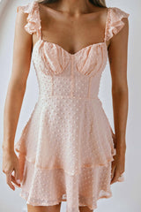 Theory Sweetheart Neckline Frill Strap Mini Dress Textured Peach