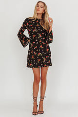 Thriller Long Sleeve Backless Mini Dress Floral Black