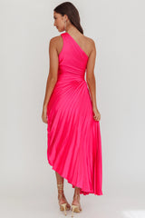 Brooklynn One-Shoulder Accordion Pleat Satin Midi Dress Fuchsia