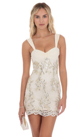 Gold Thread Floral Sequin Dress in Ivory