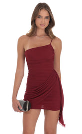 Mesh One Shoulder Tassel Dress in Maroon
