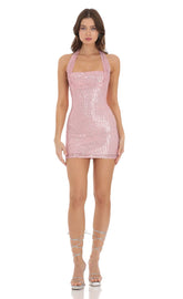 Sequin Halter Dress in Pink