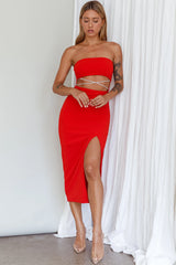 Nohemi Strapless Diamante Midi Dress Red