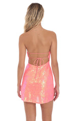Duo Chrome Sequin Strapless Dress in Neon Orange