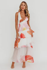 Veda Strappy Back Ruffle Maxi Dress Flowers Pink