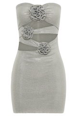 Korinna Strapless Rose Diamante Mini Dress - Silver