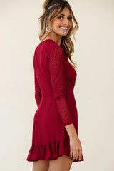 Madonna Long Sleeve Ruffle Trim Embroidered Dress Wine