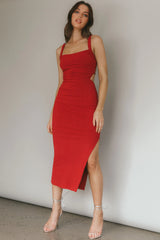 Dream Crush Lace-Up Back Side Split Midi Dress Wine