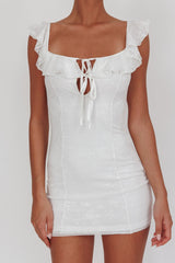 Sweet Saturday Tied Bust Ruffle Mini Dress White