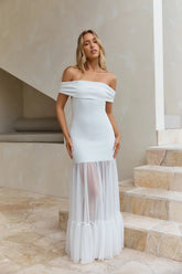 Delicate Days Off Shoulder Maxi Dress White