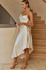 Morning Sun Cowl Neckline Asymmetrical Hem Midi Dress Champagne