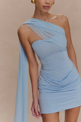 Mattea Slinky And Mesh Mini Dress With Scarf - Powder Blue
