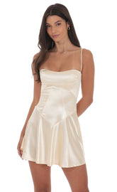 Satin V-Drop Waist Dress in Champagne