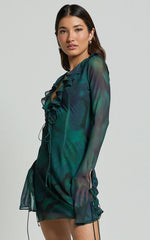 Alesya Mini Dress Ruffle Plunge Neck Long Sleeve Tie Detail Dress in Moss Adeana