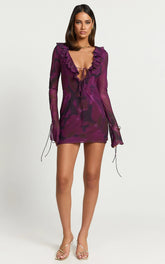 Alesya Mini Dress Ruffle Plunge Neck Long Sleeve Tie Detail Dress in Royal Adeana