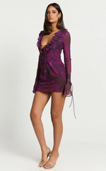 Alesya Mini Dress Ruffle Plunge Neck Long Sleeve Tie Detail Dress in Royal Adeana