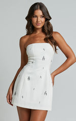 Anziel Mini Dress Strapless Structured Cluster Embellishment Dress in White