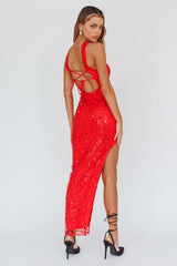 Rian Neck Strap Sequin Midi Dress Red