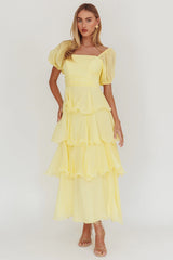 Giavana Puff Sleeve Layered Maxi Dress Lemon