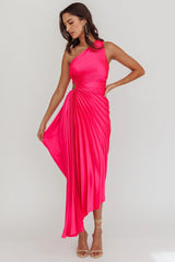 Brooklynn One-Shoulder Accordion Pleat Satin Midi Dress Fuchsia