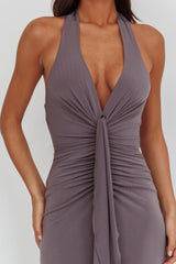 Ray Of Light Ruched Halterneck Maxi Dress Taupe