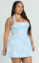Gabbie Mini Dress Jacquard Halter Fit And Flare Dress in Blue
