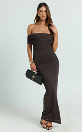 Caterina Maxi Ruched Off Shoulder Mesh Dress in Chocolate