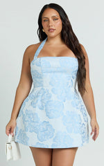 Gabbie Mini Dress Jacquard Halter Fit And Flare Dress in Blue