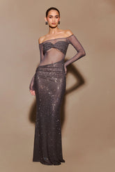 Nash Diamante Off Shoulder Maxi Dress - Gunmetal