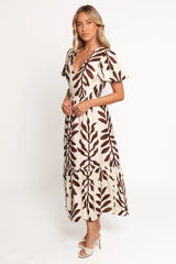 Steele Puff Sleeve Midi Dress - Brown Palm