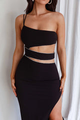 Raye Cut-Out Waist Rhinestone Midi Dress Black