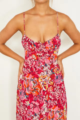Malibu Gathered Bust Cami Strap Midi Dress Floral Red